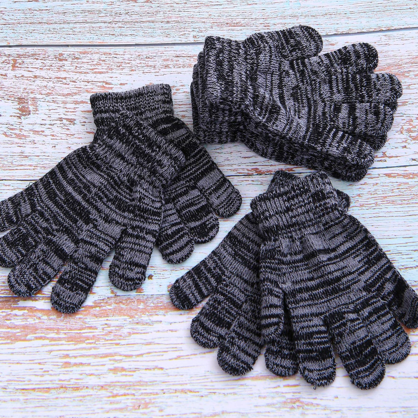 Cooraby 24 Pairs Kids Gloves Winter Magic Gloves Warm Knitted Stretchy Full Fingers Gloves (Black and gray, 6-11 Years)