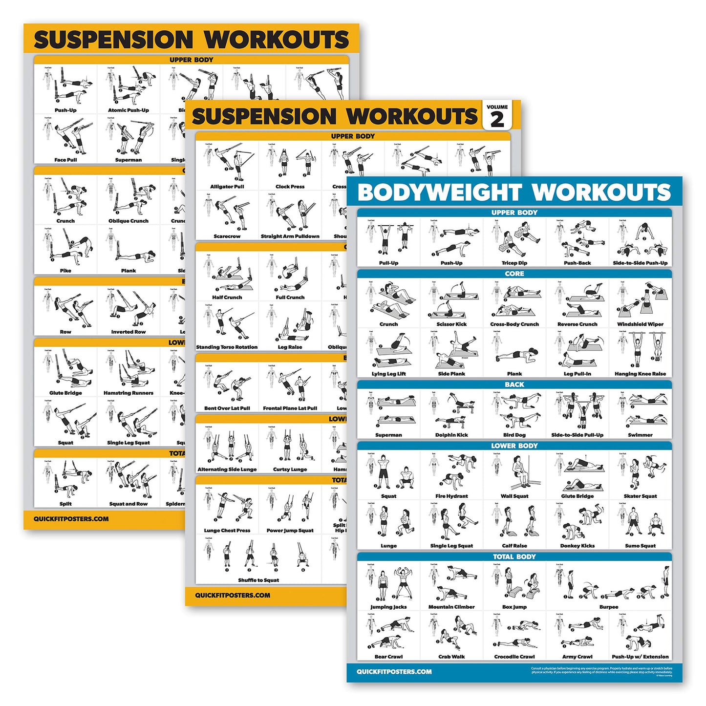 Palace Learning 3 Pack - Suspension Workout Posters - Volume 1 & 2 + Bodyweight Exercises Poster Set - Set of 3 Workout Charts (LAMINATED, 18" x 24")