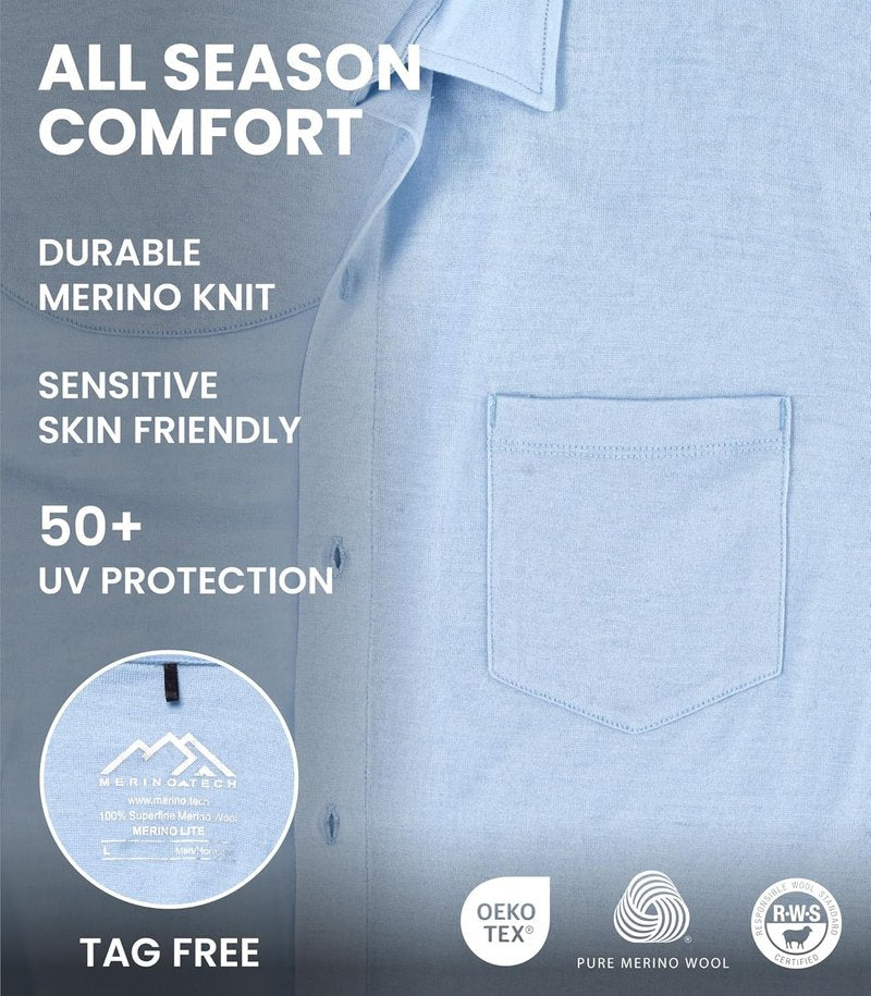 Merino Wool Shirts for Men - Lightweight Breathable Button-Up in Long & Short Sleeve Options