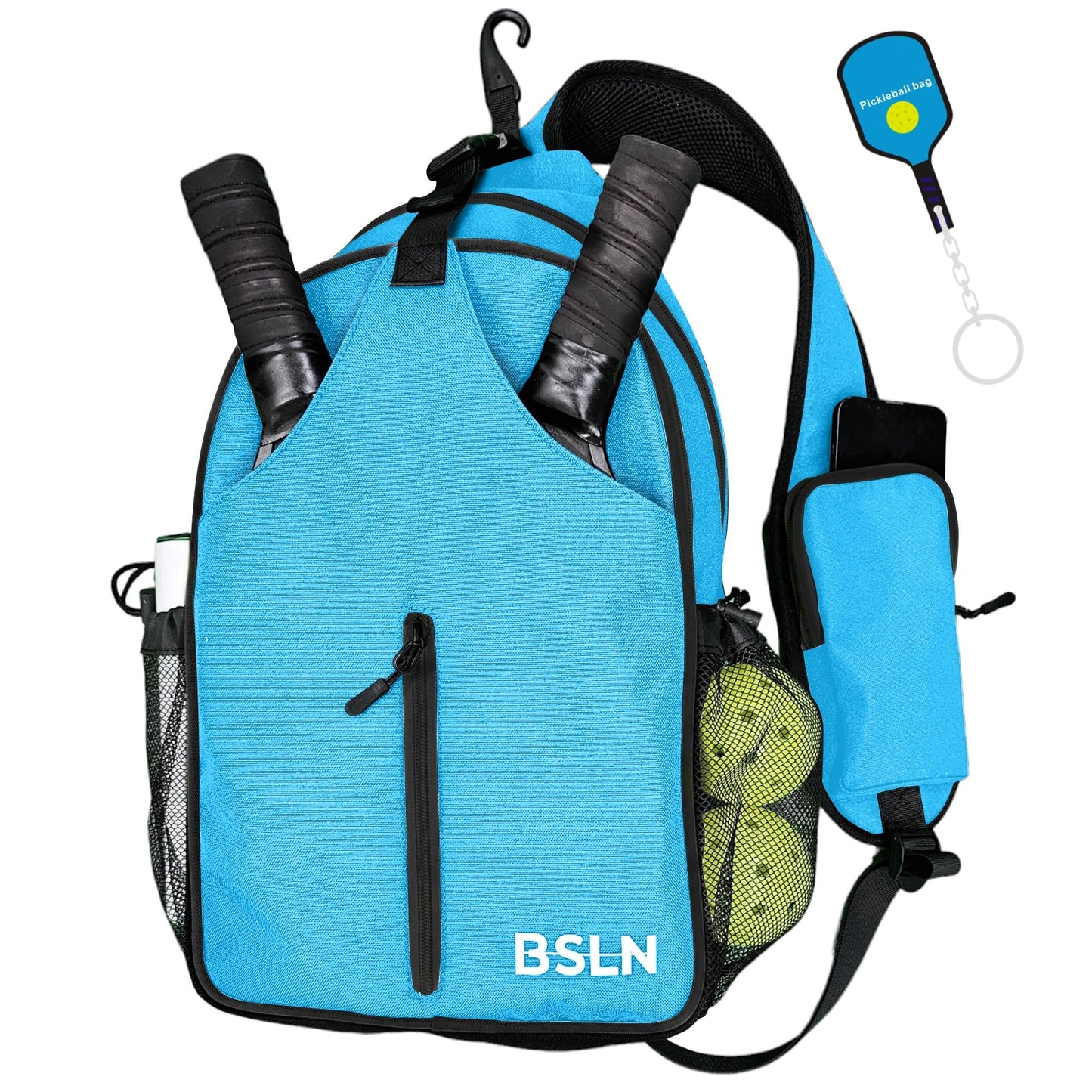 BSLN Pickleball Bag - Pickleball Bags for Women Men, Crossbody Sports Backpack – Adjustable Sling Bag with Hanging Fence Hook(Blue)