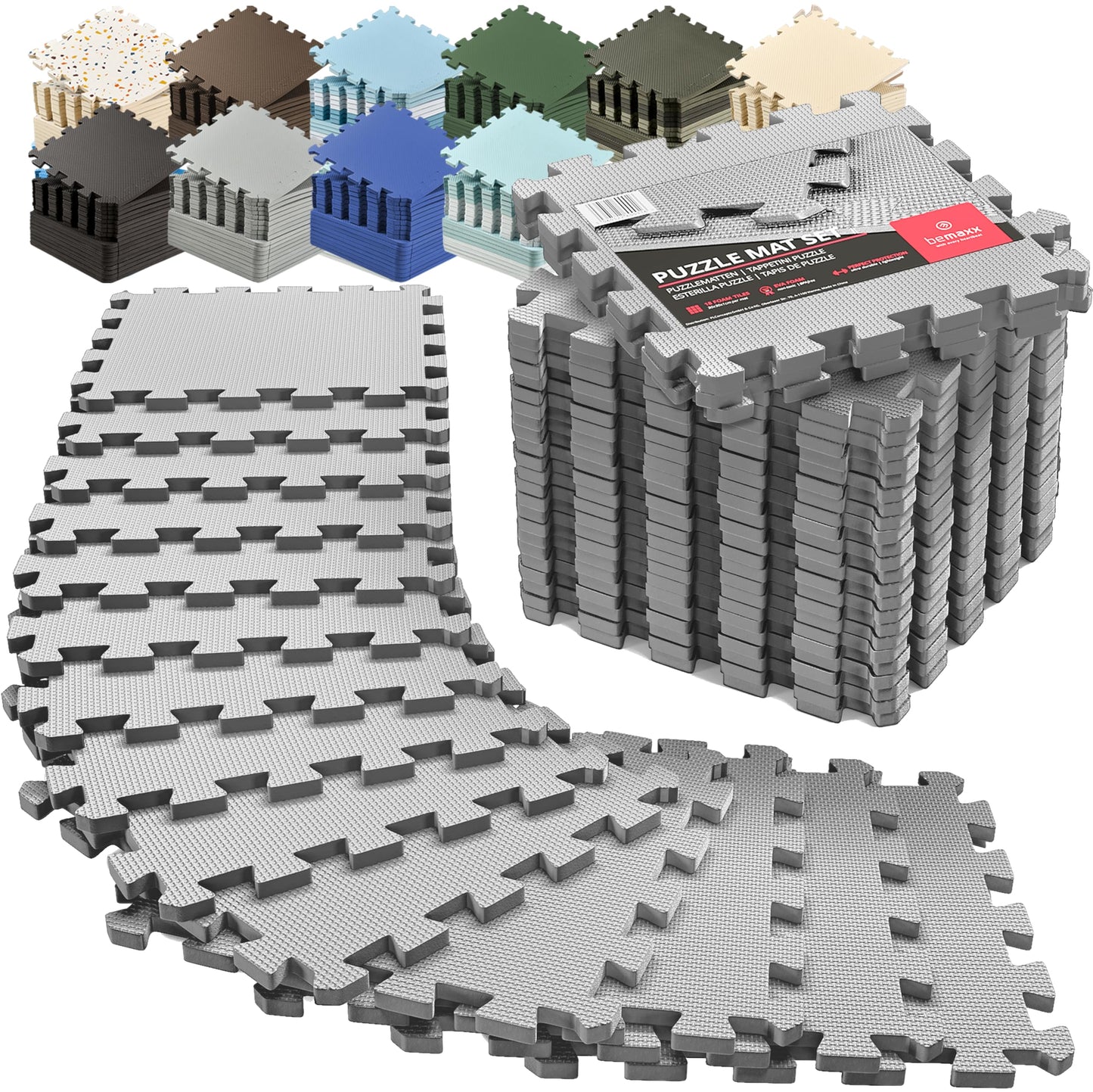 bemaxx Gym Mats Set - 18 pcs EVA Interlocking Foam Floor Tiles (12.6"x12.6"x0.4") 18sqft Protective Gym Flooring Sports Home Workout Exercise Mats Puzzle Garage Fitness Play-Room Pool Treadmill Bike