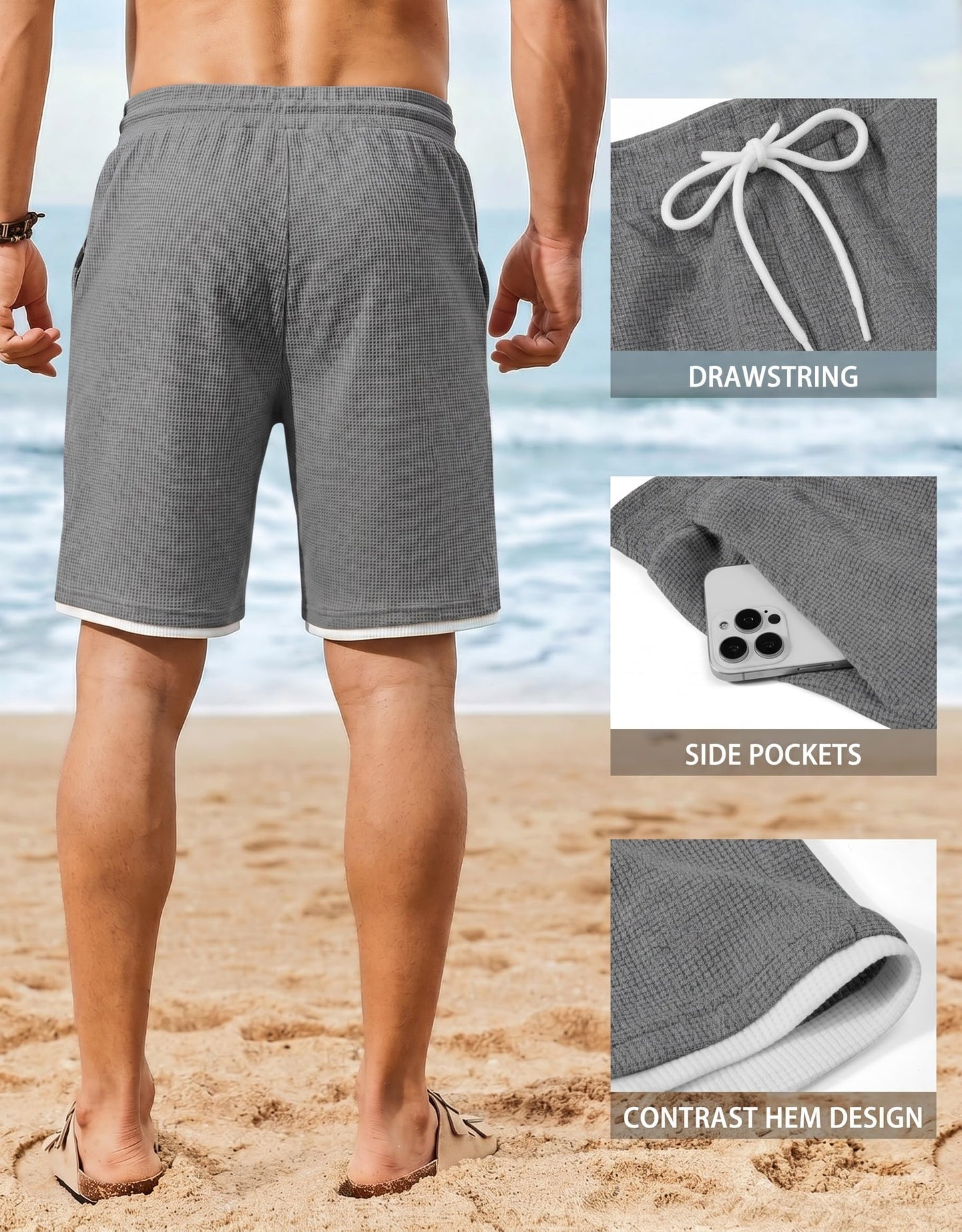 COOFANDY Mens Sweat Shorts 9 inch Stretch Waffle Golf Dress Shorts Casual Summer Beach Shorts Grey
