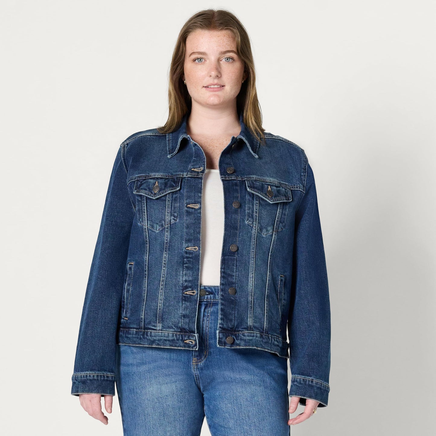 Amazon Essentials Women's Oversized-Fit Rigid Denim Trucker Jacket, Stone Dark Wash, Large