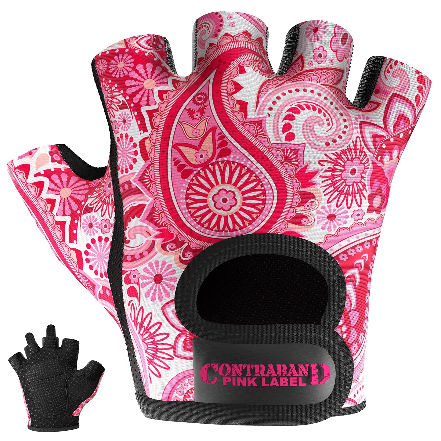 Contraband Pink Label 5387 Womens Design Series Paisley Print Lifting & Rowing Gloves (Pair) - Lightweight Vegan Medium Padded Microfiber Amara Leather w/Griplock Silicone (Pink, Large)