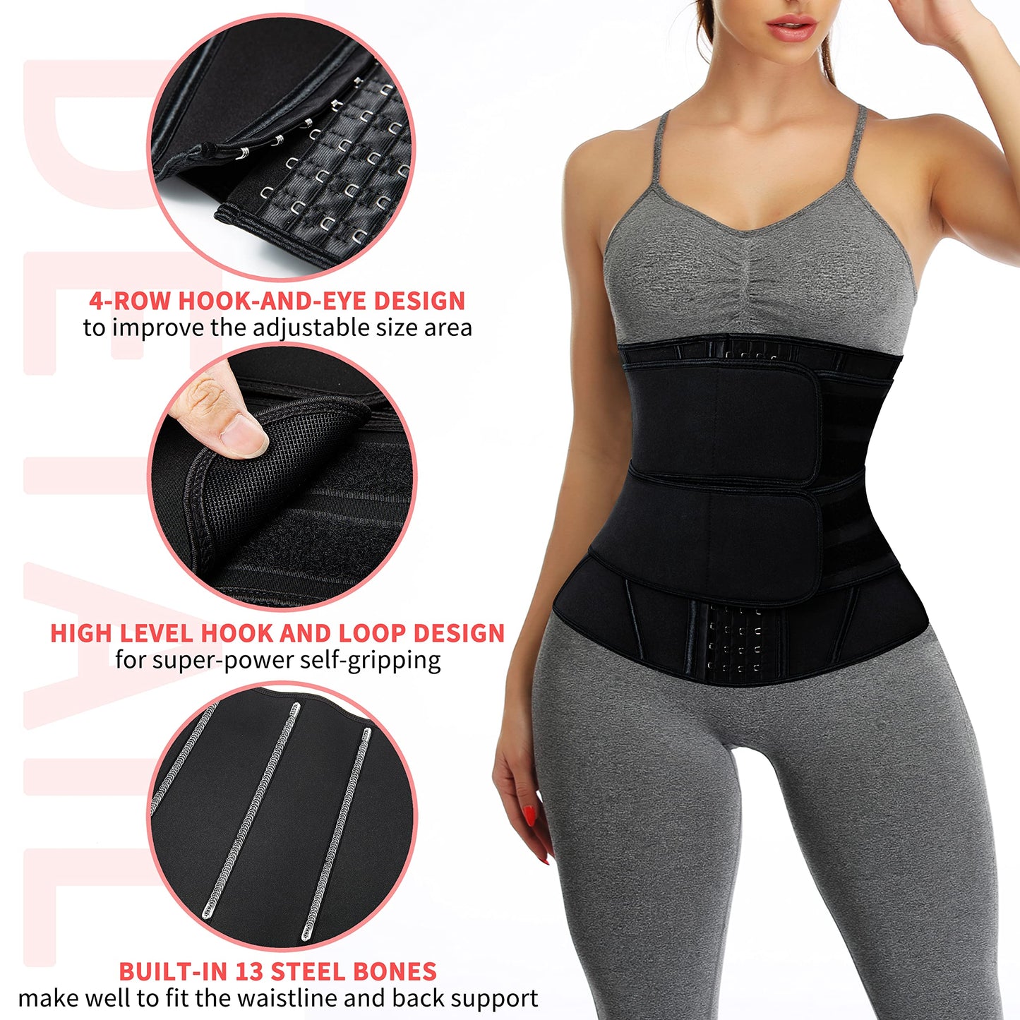 KIWI RATA Neoprene Sauna Waist Trainer Corset Sweat Belt with 2 Straps for Women X-bones Compression Workout Fitness Double Cincher Belts,#3 Hooks Black,Medium