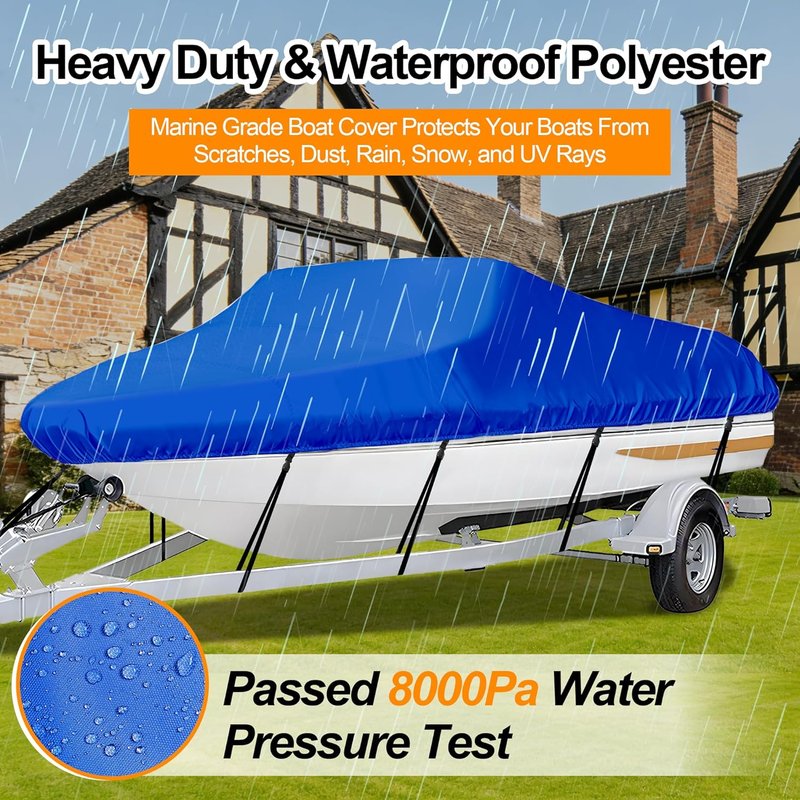Trailerable Boat Cover - Heavy Duty Waterproof Tarp for V-Hull & Fishing Boats | Fits 14'-16' Long, 68" Wide