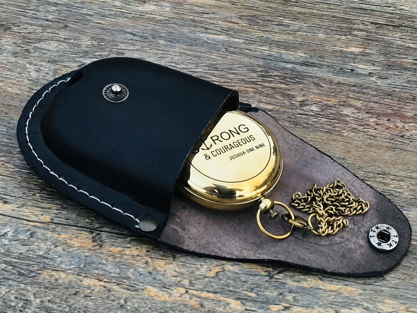 KNB HANDICRAFT Brass Engraved Pocket Compass with Leather Case | Be Strong and Courageous Gift Compass, Push Button 5 cm Confirmation Ideas, Baptism Gifts