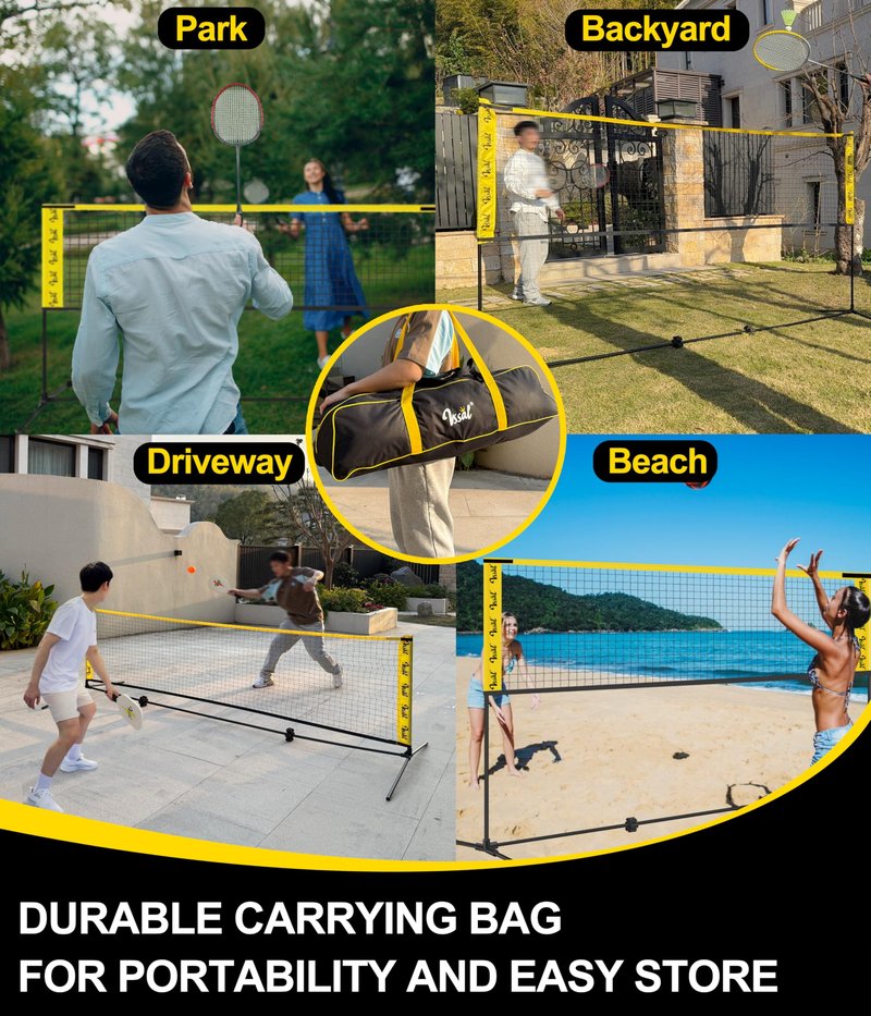 VSSAL 3-in-1 Portable Badminton, Volleyball & Pickleball Net Set for Adults, Adjustable Height 34"–7 ft for Backyards or Beach, Outdoor Sports Combo with Carry Bag, Rackets, Paddles & Balls (10 ft)