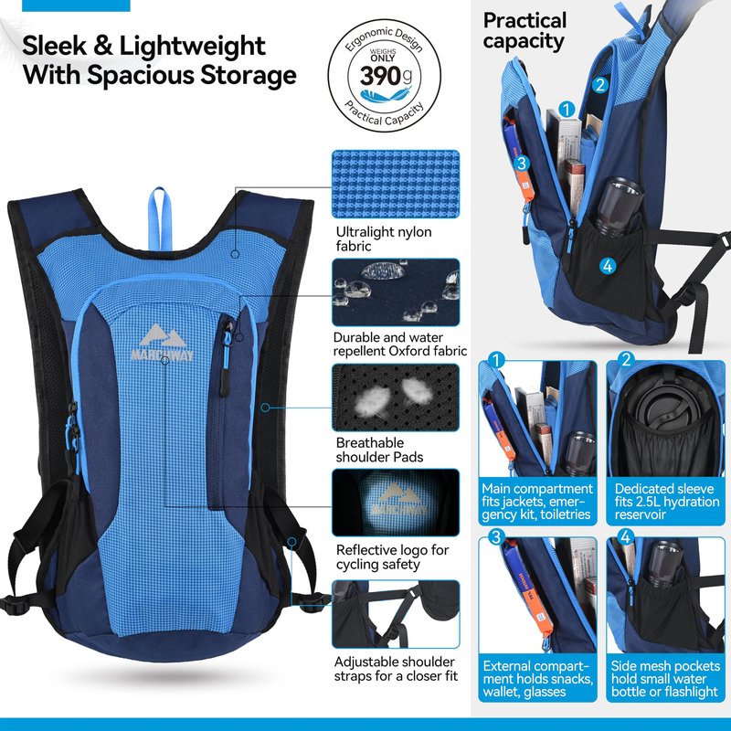 MARCHWAY Lightweight Hydration Backpack with Vest Style Straps & 2.5L TPU Water Bladder, Versatile Sleek Multi-Pocket Pack for Hiking, Cycling, Running, Backpacking, Travel (Blue)
