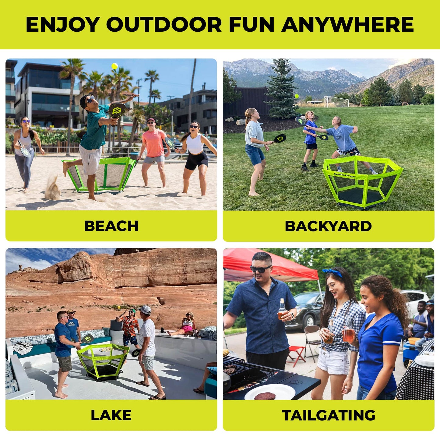 PaddleSmash - Pickleball Yard Game, As Seen on Shark Tank - Beach, Backyard, Lawn, Outdoor Activities for Adults and Family - Easy Assembly, Includes 4 Paddles, 2 Balls & Case