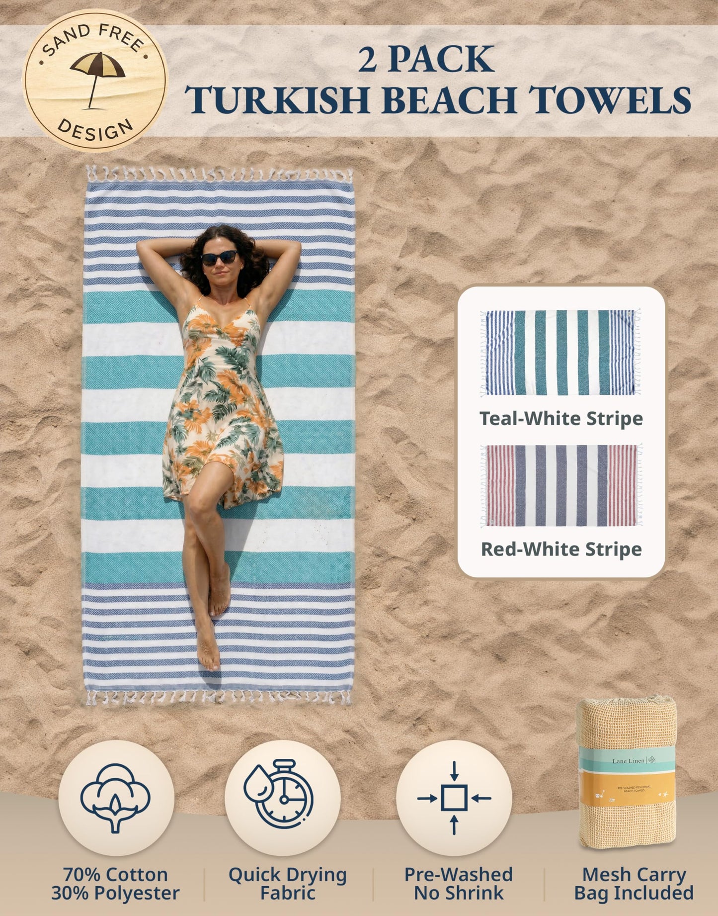 LANE LINEN 2 Pack Large Beach Towels, Oversized, 39"x71" - Old Glory Teal