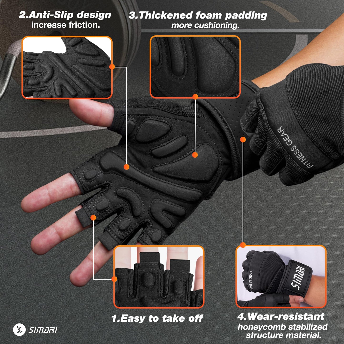 SIMARI Padded Workout Gloves for Men and Women, Ventilated Weight Lifting Gloves with Wrist Wraps Support, Full Palm Protection, Great Grip for Gym Training, Fitness, Weightlifting, Exercise