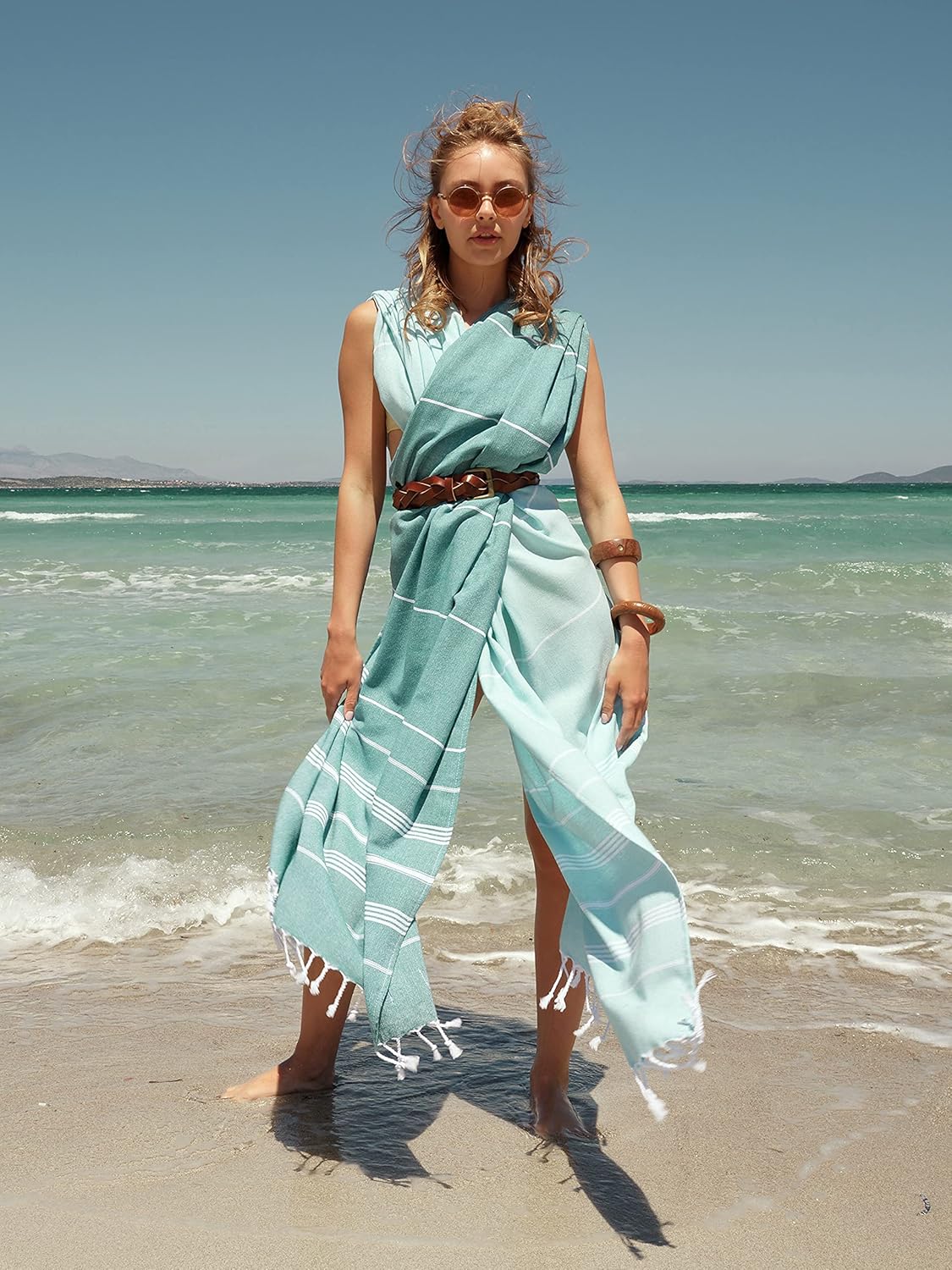BAY LAUREL Turkish Beach Towel - Quick Dry, Sand-Free, Lightweight | 39 x 71 Inches, Aqua with Floral Bag