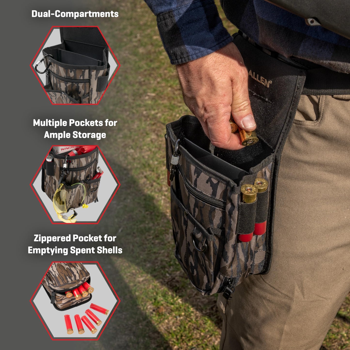 Allen Company Triumph Double Compartment Range Shell Bag - Holds 2 Boxes of 12-Gauge Shells - Spent Hull Dump Pouch, Adjustable Waist Belt & Extra Storage for Trap, Skeet & Clay Shooting - Mossy Oak