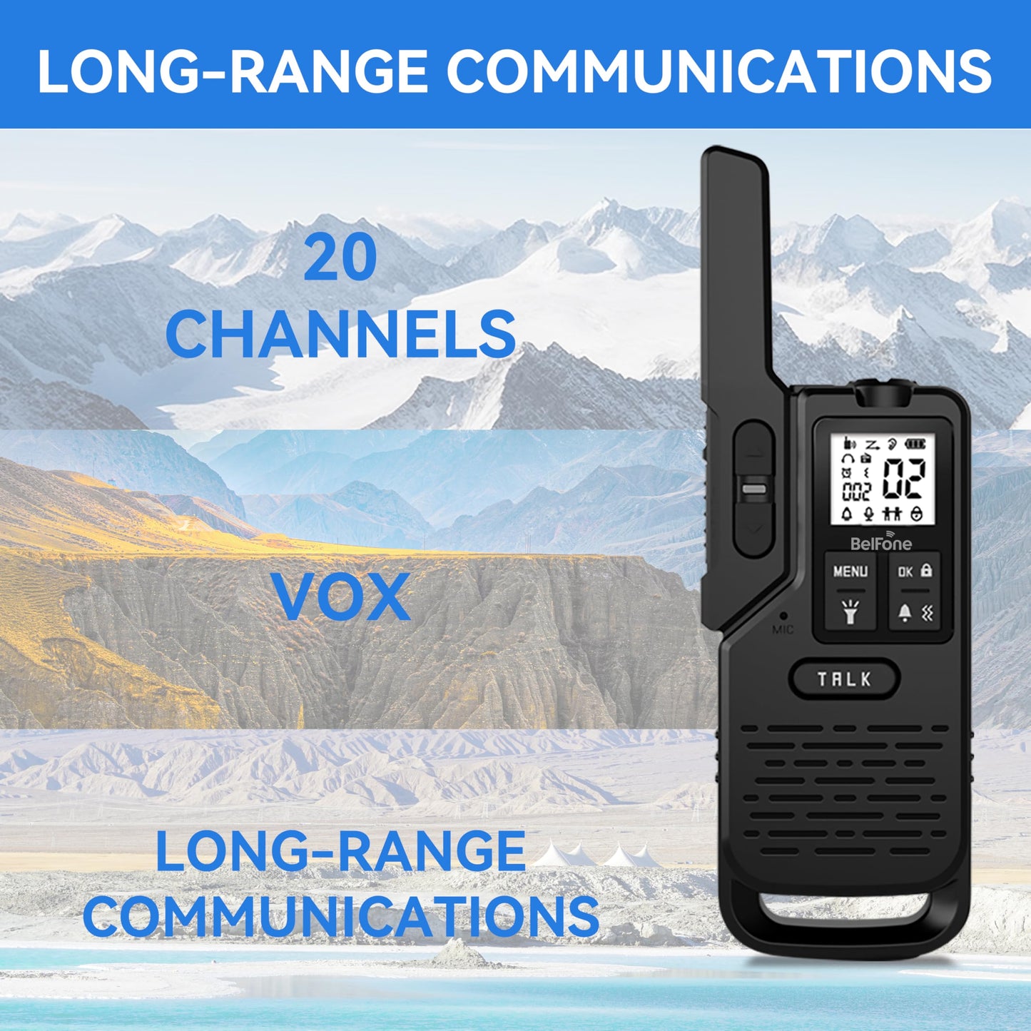 BelFone OG200 Long-Range Walkie-Talkies for Adults,5 Mile Range, 20 Channels, IP54 Waterproof, Built-in Flashlight, Stopwatch, Compass & NOAA,SOS for Outdoor,Camping & K12 School Use（2 Pack）