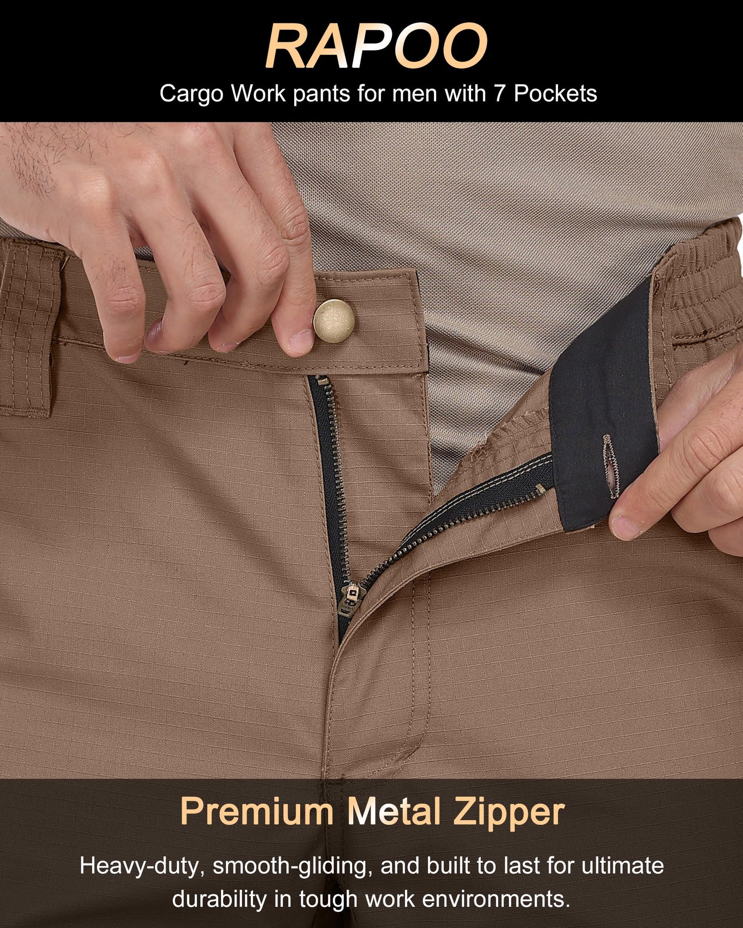 Rapoo Work Pants for Men Cargo Hiking Tactical Military Army Pants for Men with Multi Pockets Elastic Waist Mens Ripstop Construction Carpenter Pants Brown 44Wx30L