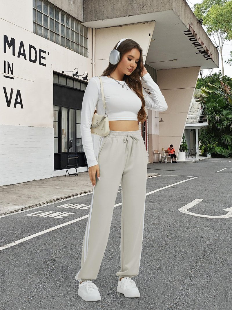 Tallemon Track Pants Women's Sweatpants Side Stripes High Rise Drawstring Baggy Lounge Cinch Bottoms Active Joggers Fall,Black,M