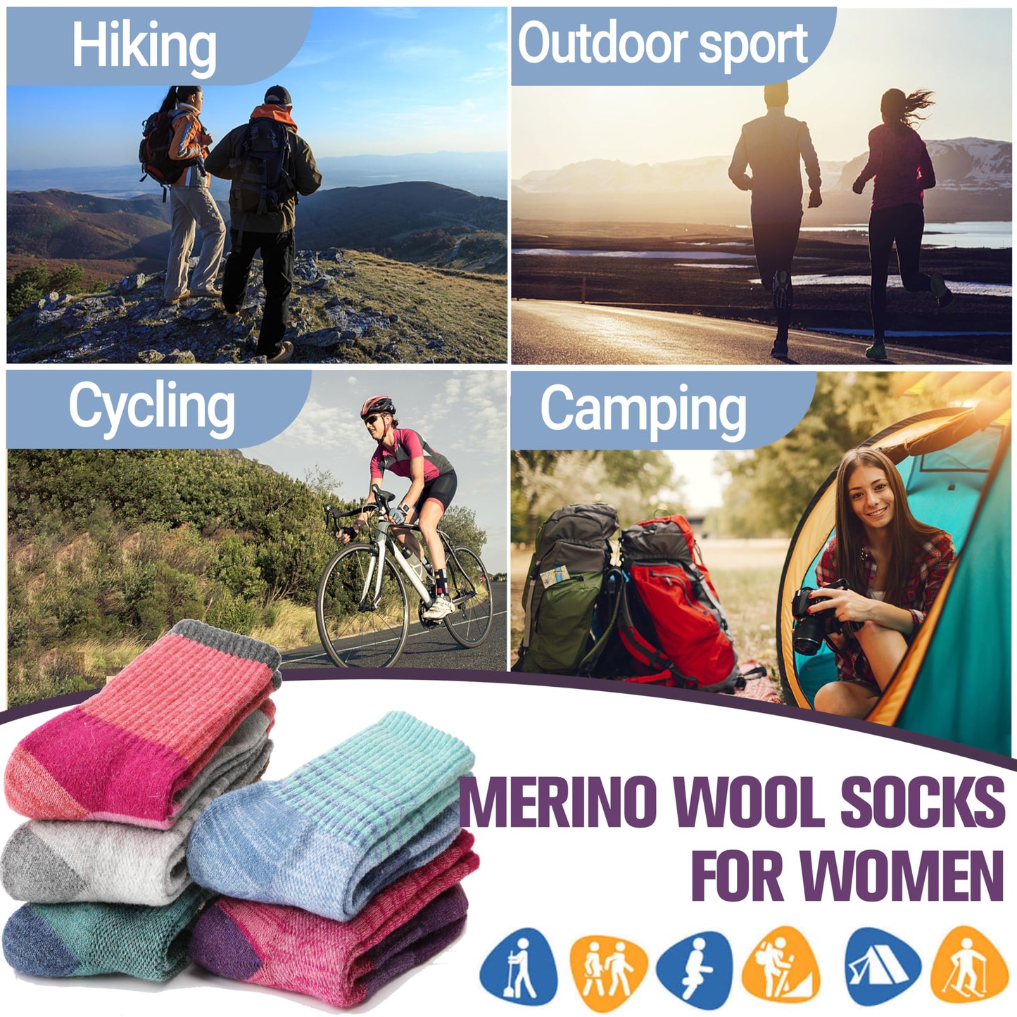 Anlisim Merino Wool Hiking Socks for Women Thermal Winter Warm Thick Work Cushion Gifts Socks 5 Pairs Stocking Stuffers(Tie-dye,L)