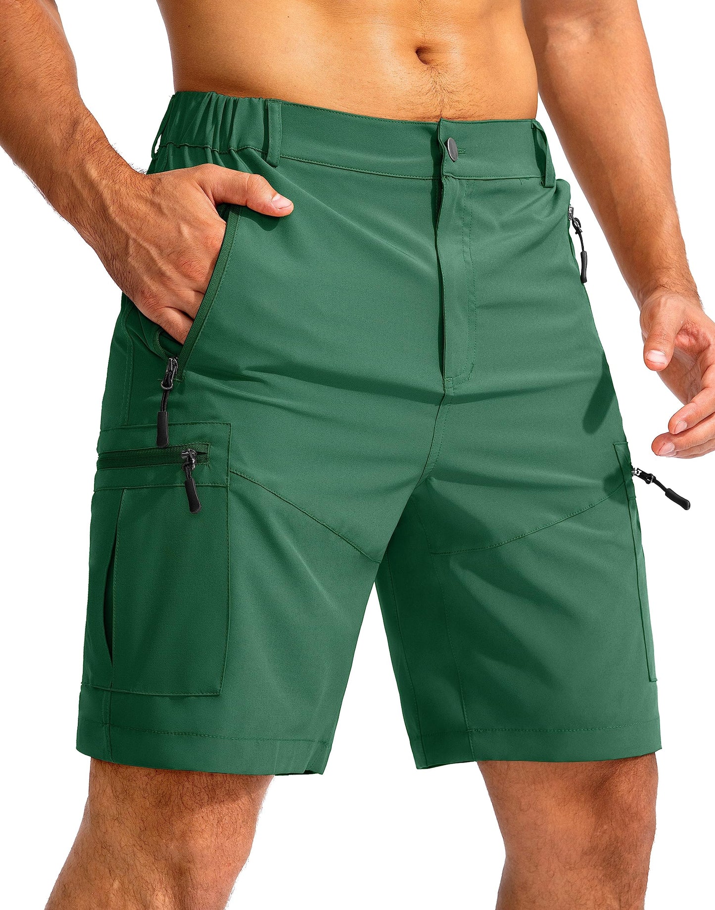 Pudolla Men's Hiking Cargo Shorts 9" Lightweight Outdoor Work Shorts for Men Travel Golf Camping Casual with 5 Zipper Pockets(Green Large)