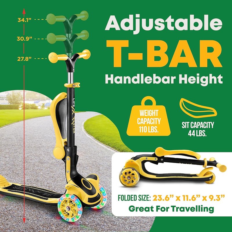 3 Wheel Scooter for Kids - Foldable Seat & Adjustable Handlebar | Light-Up LED Wheels, Indoor & Outdoor Fun