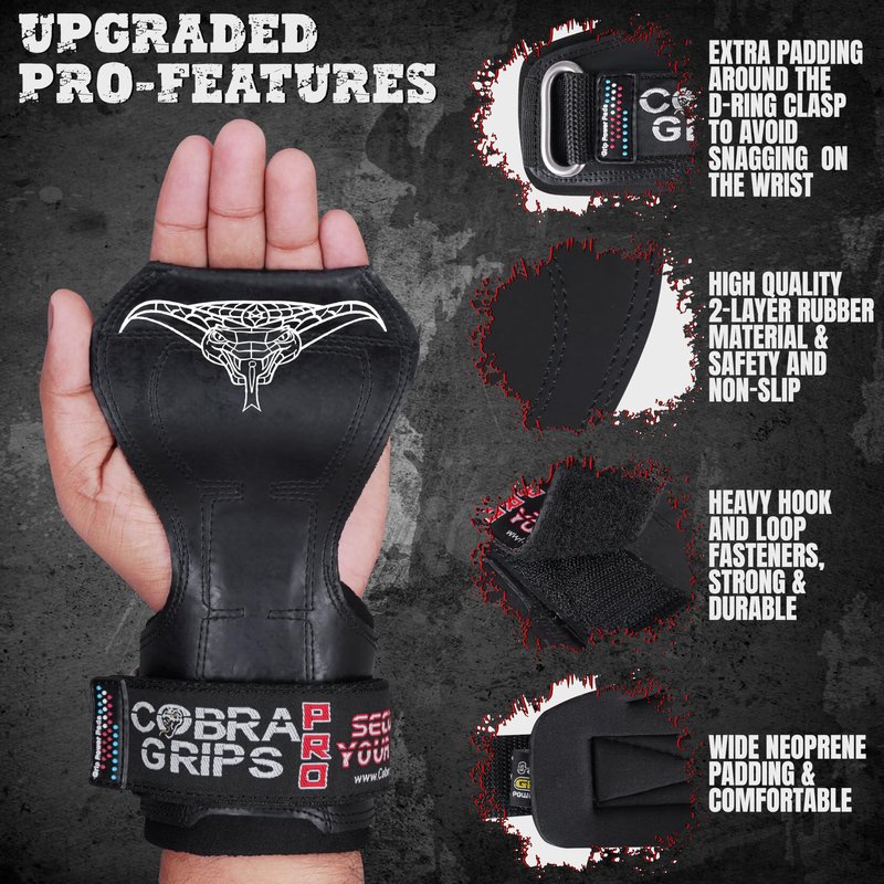 Cobra Grips PRO Best Weight Lifting Gloves, Heavy Duty Straps, Alternative to Power Lifting Hooks, Power Lifting, For Deadlifts With Built in Adjustable Neoprene Padded Wrist Wrap Support.