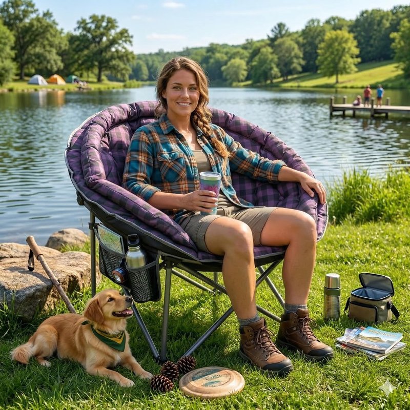 Oversized XXL Folding Round Camping Chairs,Comfy Padded Moon Camp Chairs,Heavy Duty Supports 400 Lbs Outdoor Lawn Chairs for Adults,Perfect for Indoor,Family Hiking,Picnics and Garden,Purple Plaid