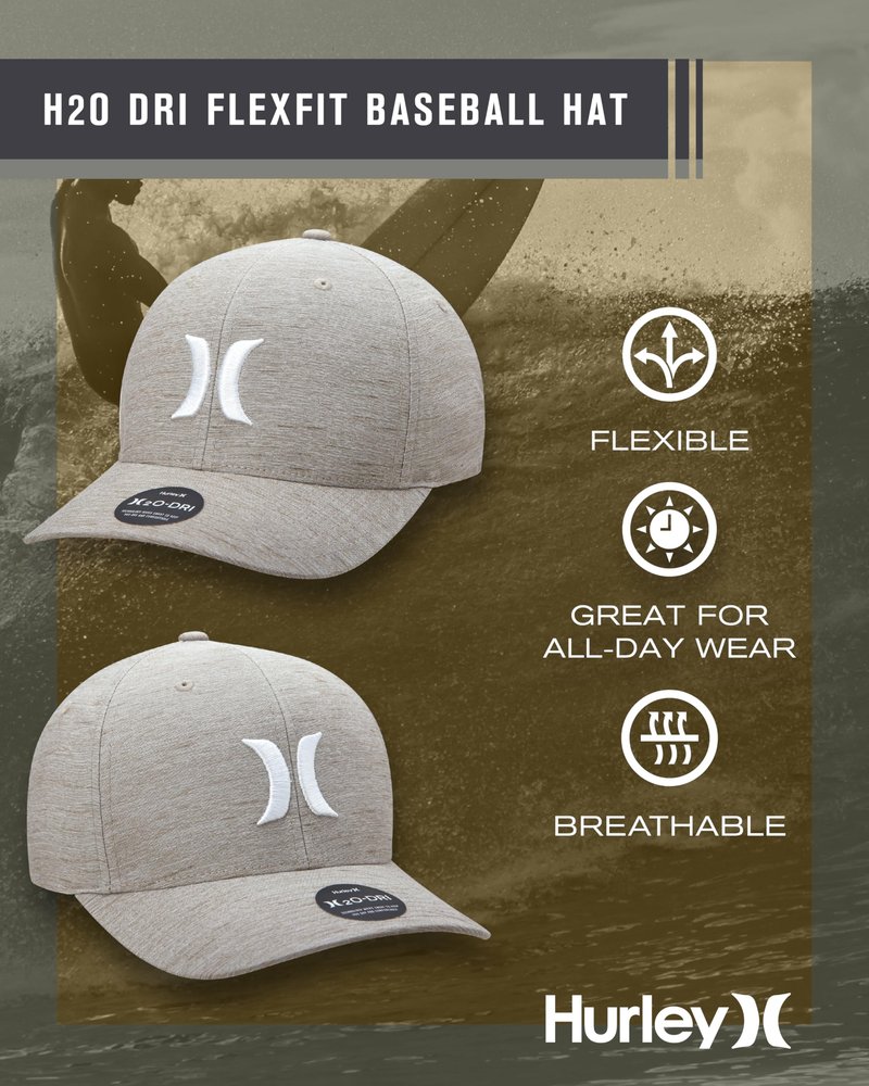 Hurley Mens Baseball Cap - Moisture Wicking Flexfit Fitted Hat for Men, Curved Brim Ball Cap with H2O Dri Sweatband, Size Large-X-Large, Wheat