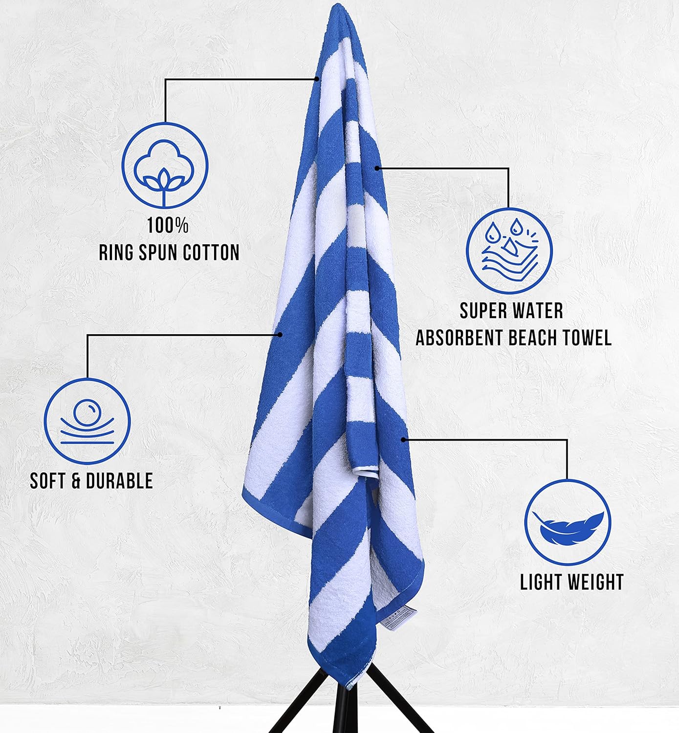 Oversized Cabana Beach Towels - Pack of 4 Cotton 30x60 Inches | Modern Striped Design in Blue