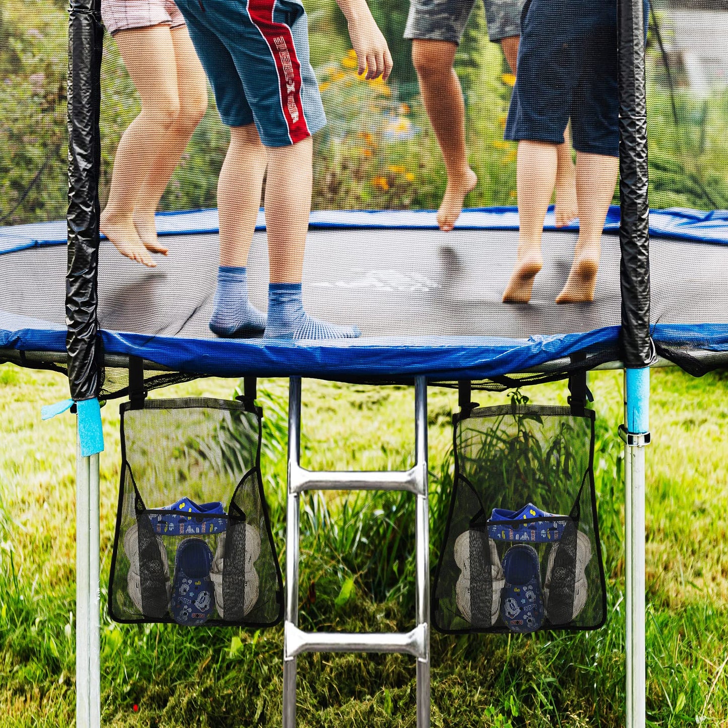 2 Pieces Trampoline Shoes Bag, Black Trampoline Storage Mesh Bag with 2 Hook and Loop Strap, Trampoline Shoe Holder, Indoor Fitness Shoes Organizer, Trampoline Equipment Bag Trampoline Accessories