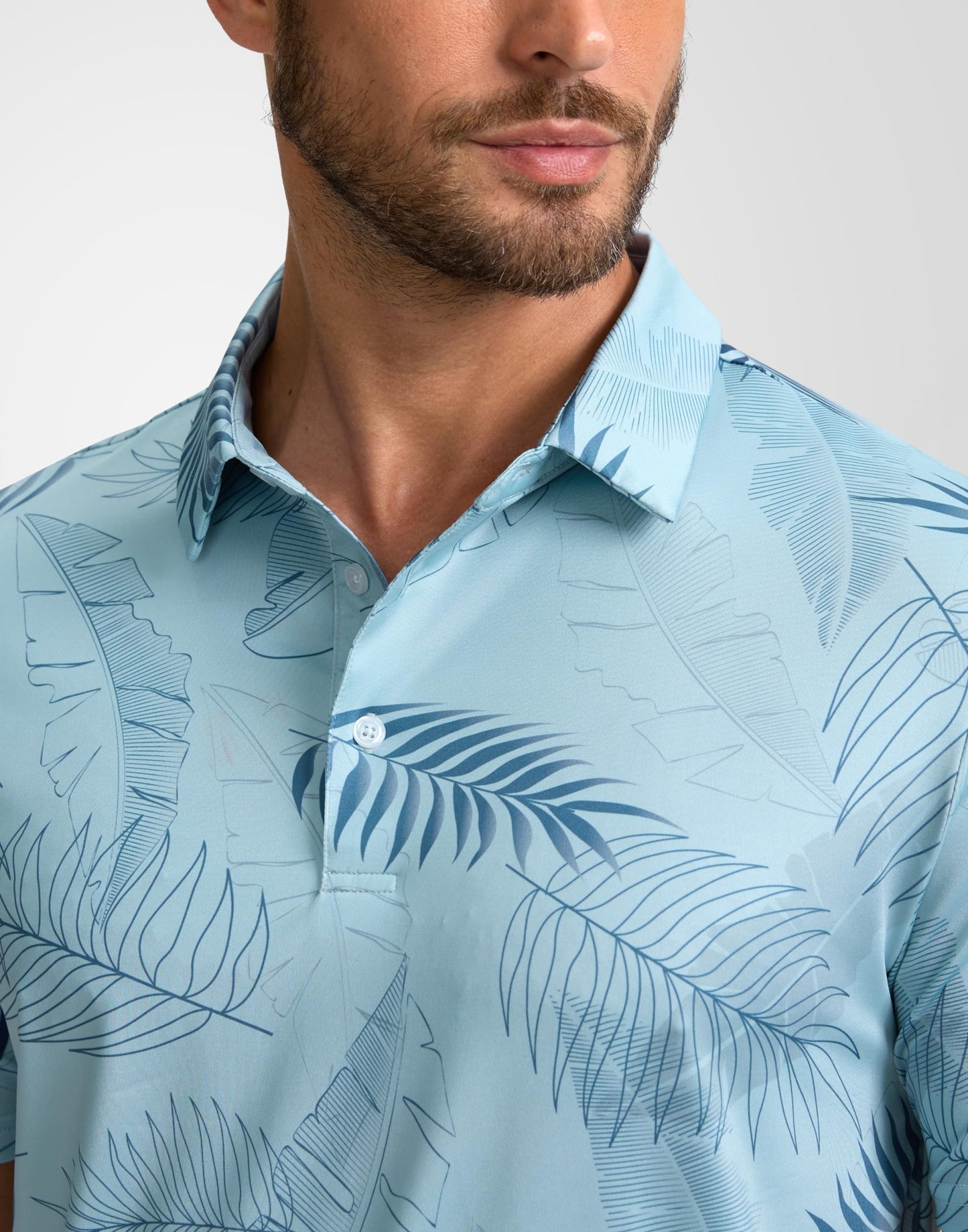 Obla Mens Golf Polo Shirts Short Sleeve Dry Fit Performance Moisture Wicking Casual Print Collared Golf Shirts for Men (Blue Palm Leaves) L