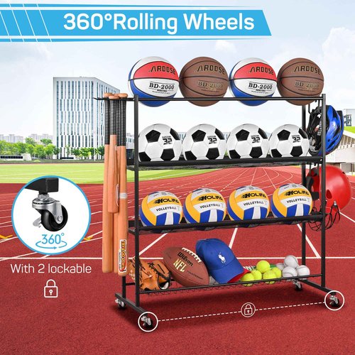 Mythinglogic Basketball Rack, Ball Storage with Baseball Bat Holder, Rolling Ball rack with Removable Nylon Mesh for Various Ball Sizes, Basketball Holder for Football Basketball Soccer Ball