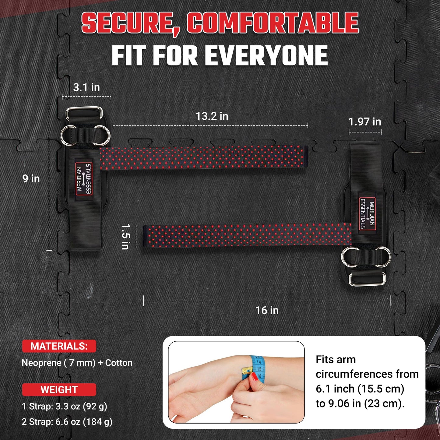 Meridian Essentials Weightlifting Straps with D-Ring – Heavy-Duty Lifting Straps with Cable Attachment, Neoprene Wrist Padding & Non-Slip Grip for Deadlifts, Rows, Cable Workouts & Pull Exercises - Black