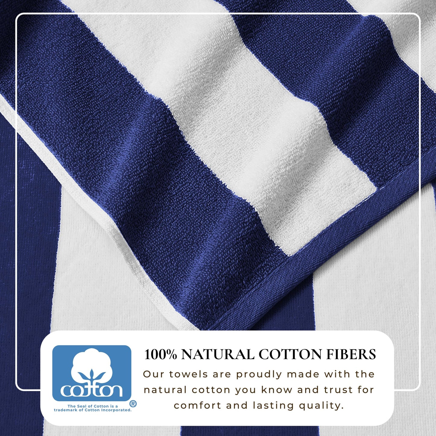 Great Bay Home 100% Cotton Velour 4 Pack Beach Towels 30" x 60" - Navy Cabana Stripe Pool Towels - Quick Dry, Large Swim Towels
