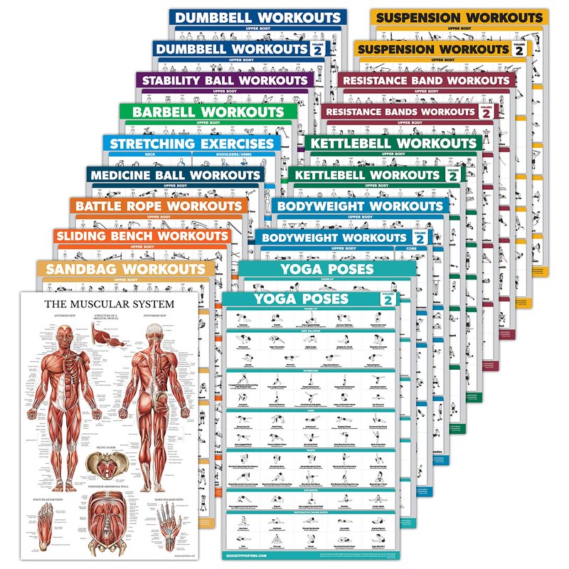 20 Pack - Exercise Workout Poster Set, Dumbbell, Suspension, Battle Rope, Stretching, Bodyweight, Barbell, Yoga, Exercise Ball, Kettlebell, Resistance Bands and More (PAPER - NOT LAMINATED, 18" x 24")