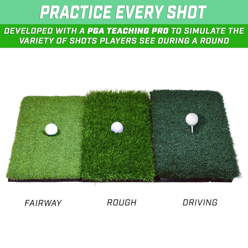GoSports Tri-Turf XL Golf Hitting Mat – 24x24 in Golf Practice Mat for Indoor/Outdoor Training, Fairway Rough Tee Turf, Portable Golf Mat for Backyard, Garage & Golf Simulator Use