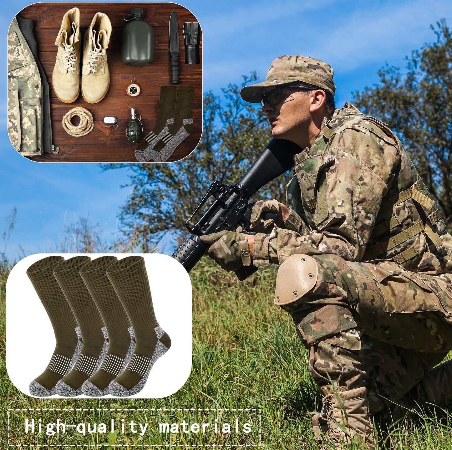 Skyebed 5 Pairs Mens Military Socks Army Green Hiking Socks Crew Boot Socks Moisture Wicking for Soldier Policemen Work Sports Hiking