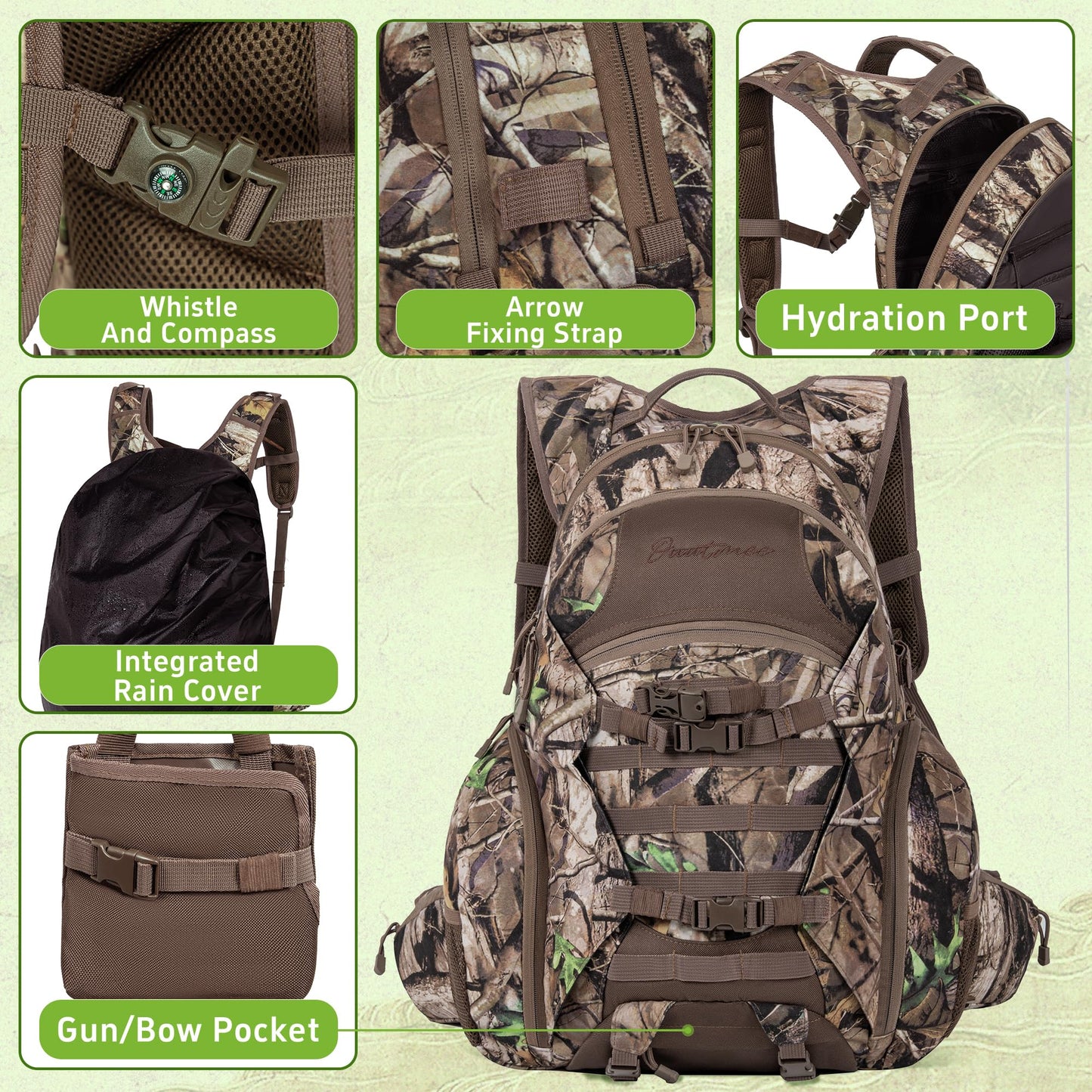 OUUTMEE Hunting Backpack with Waterproof Rain Cover, 35L Hunting Backpacks for Men, Durable Large Capacity Hunting Day Pack with Rifle Bow Holder