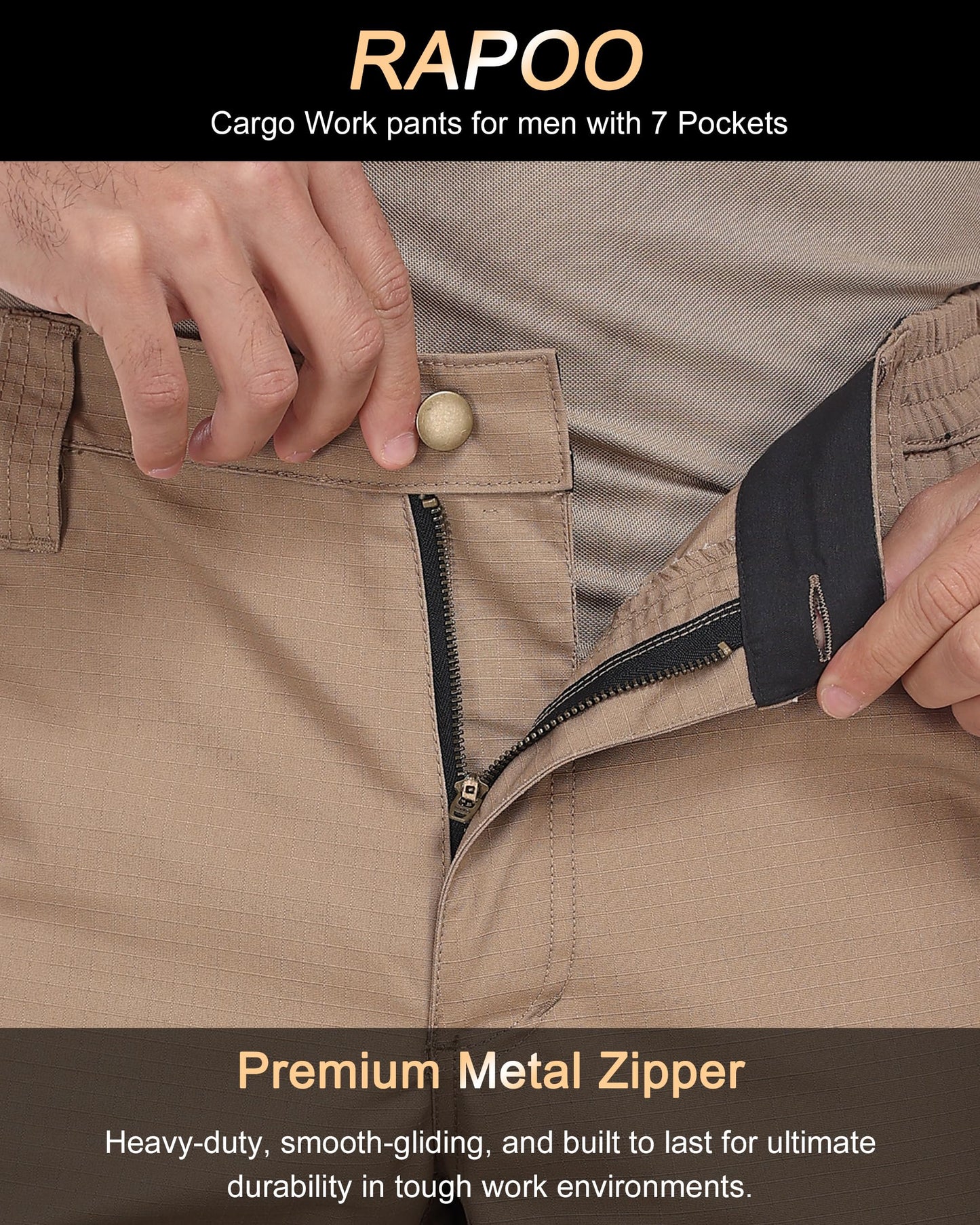 Rapoo Cargo Pants for Men Work Hiking Tactical Army Casual Pants for Men with Multi Pockets Water Resistant Mens Ripstop Breathable Outdoor Pants Khaki 42Wx34L