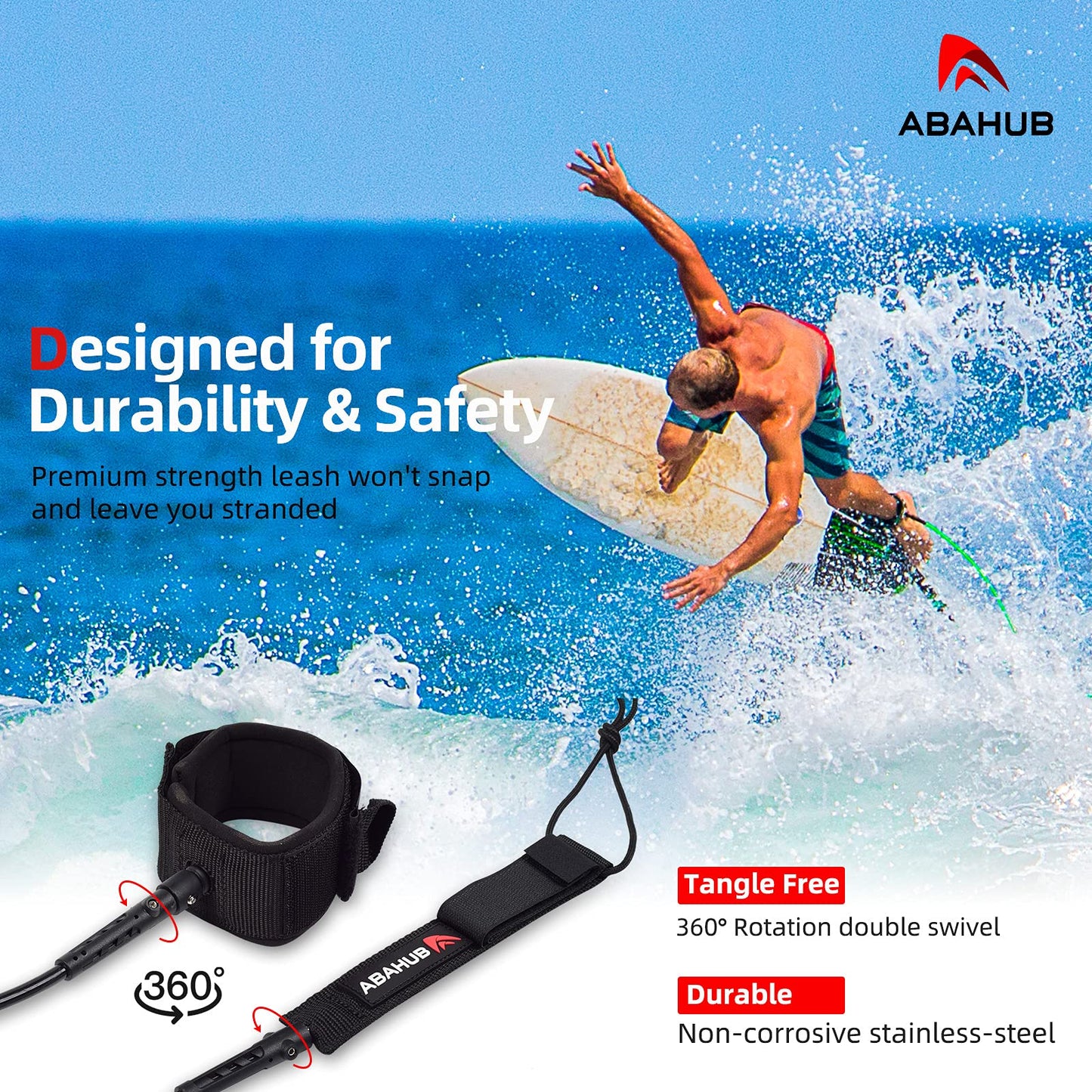 Abahub Premium Surfboard Leash, Straight Surf Board Leg Rope, Legrope Strap for Longboard, SUP Paddleboard Replacement Leashes 10 Foot Black 7 mm Thick