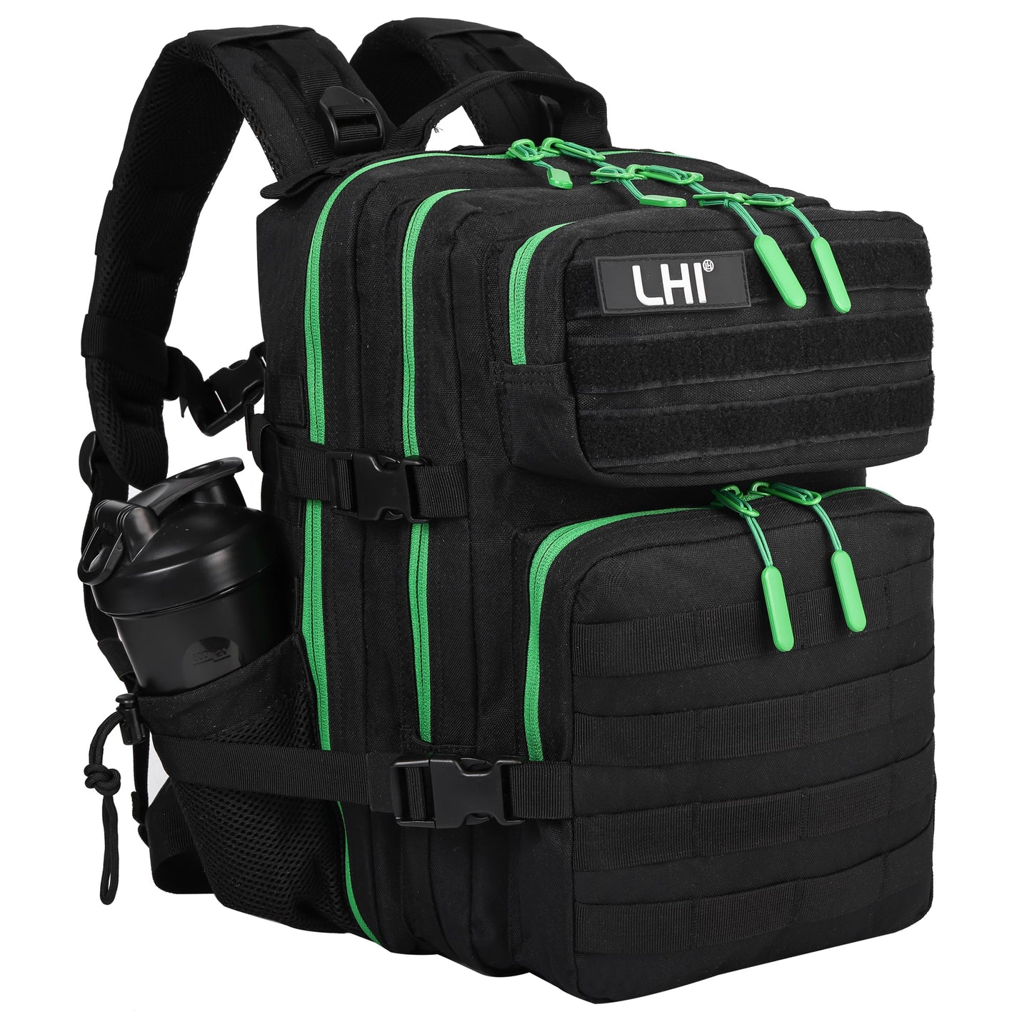 LHI Tactical Military Backpack for Men and Women 25L Army Assault Pack Bag Large Rucksack with Molle System-Black green zipper