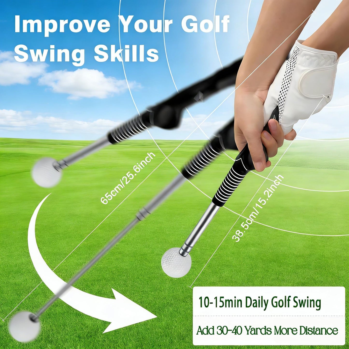 JCWPVA Retractable Golf Swing Trainer with Wrist Support Brace, Golf Grip Trainer & Swing Aid for Right Hand, Adjustable Golf Training Equipment for Strength & Tempo Training, Indoor Outdoor Practice