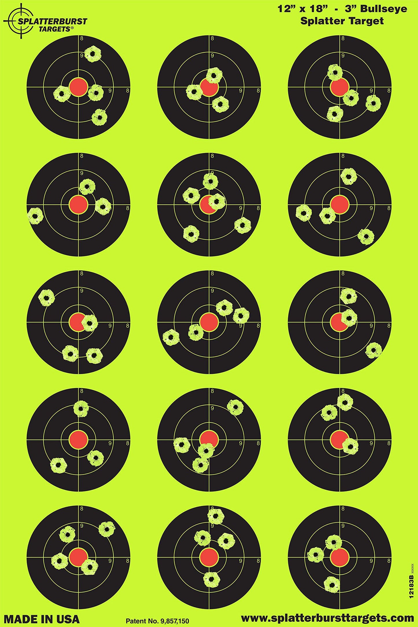 Splatterburst Targets - 12 x18 inch - 3 inch Bullseye Splatter Target - Easily See Your Shots Burst Bright Fluorescent Yellow Upon Impact - Made in the USA (10 Pack)