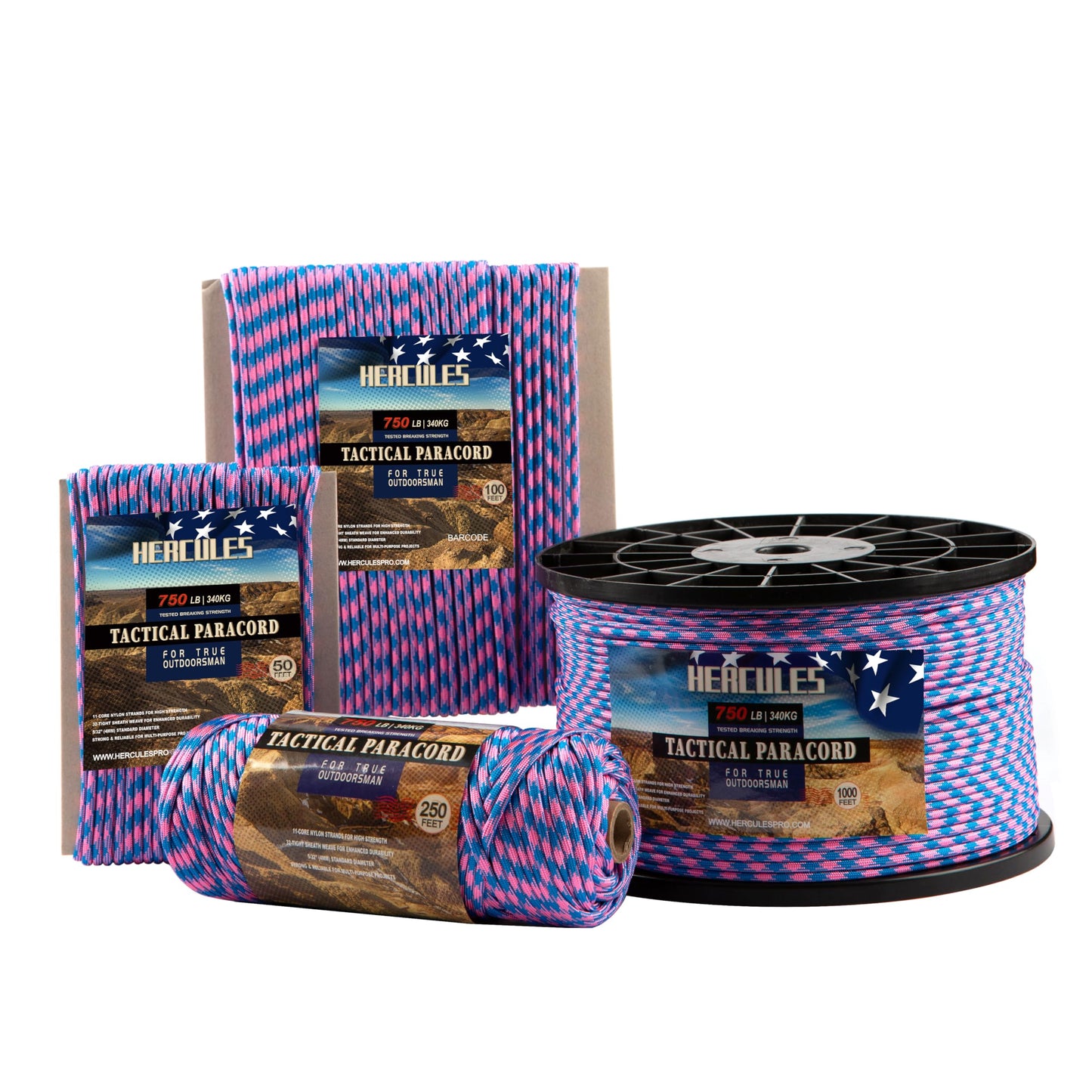 HERCULES 750lb Paracord 4mm 11 Strands Tactical Parachute Cord, 50' 100' 250' 1000' Utility Rope for Camping, Survival, Outdoor Gear (Pink Blue Plaid, 100FT)