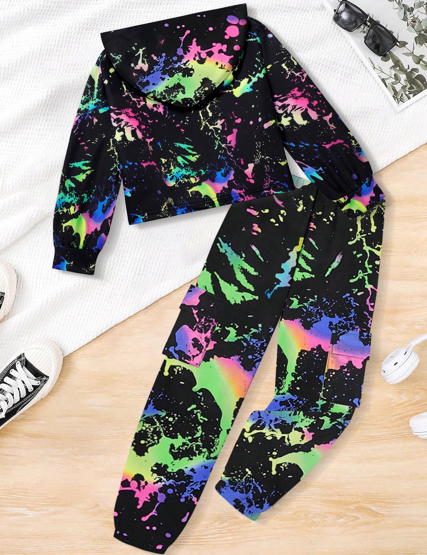 CRISONE Girls Clothes Size 7 8 Fall Winter Outfits Set Neon Print Hoodie Sweatshirt + Sweatpants with Pockets 2 Piece Girls Outfits Sweatsuits