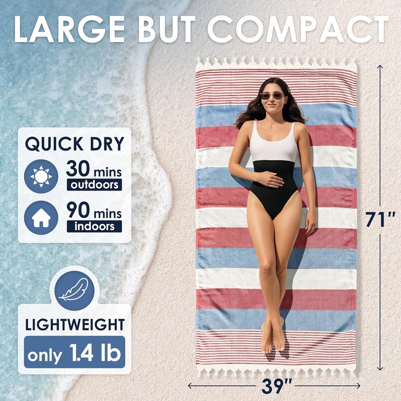 ATANI Turkish Beach Towel - Oversized 100% Cotton Quick-Dry Travel Blanket | 71x39 Inches, Red & Navy Blue