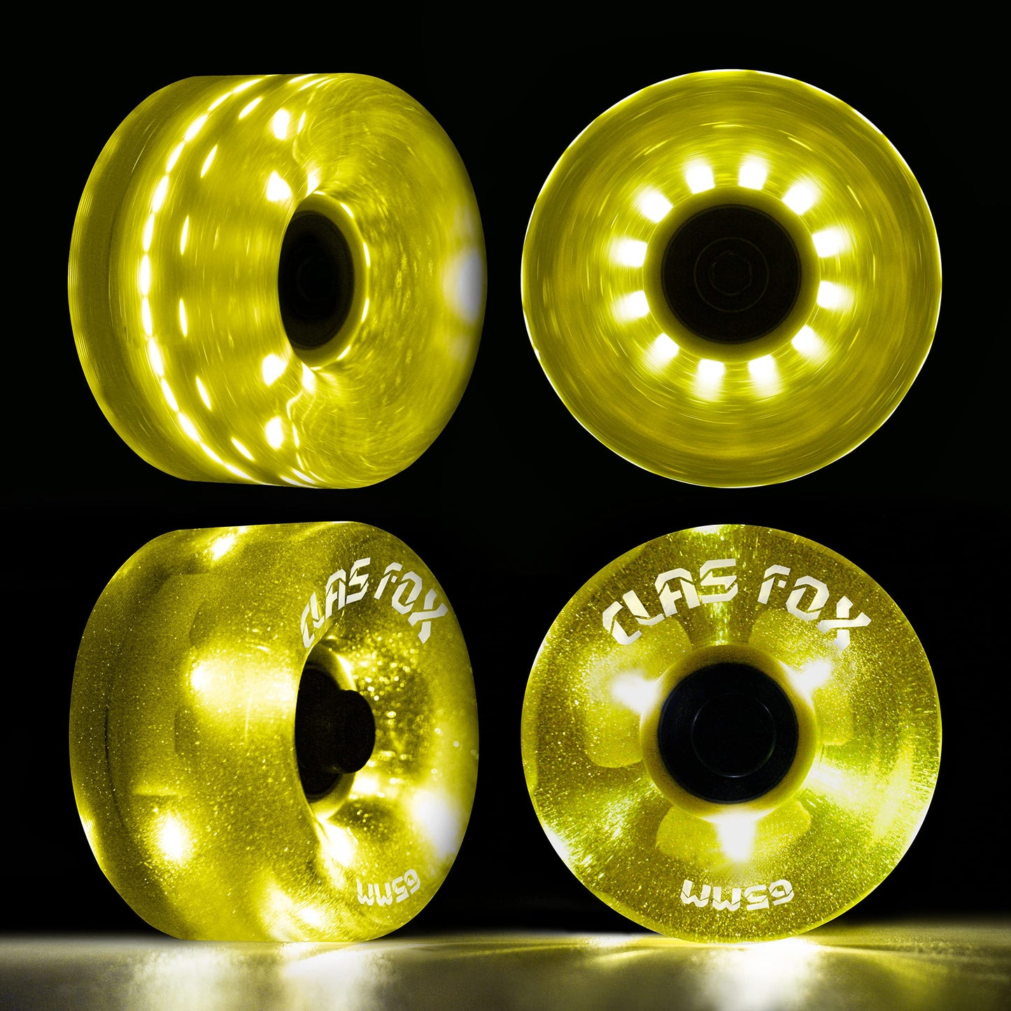 CLAS Fox Roller Skate Wheels Luminous Light up with Shining Dots and ABEC-9 Bearings Installed 65mm X 35mm 82A 8 PCS Outdoor or Indoor for Double Row Skating (Fluo. Yellow)