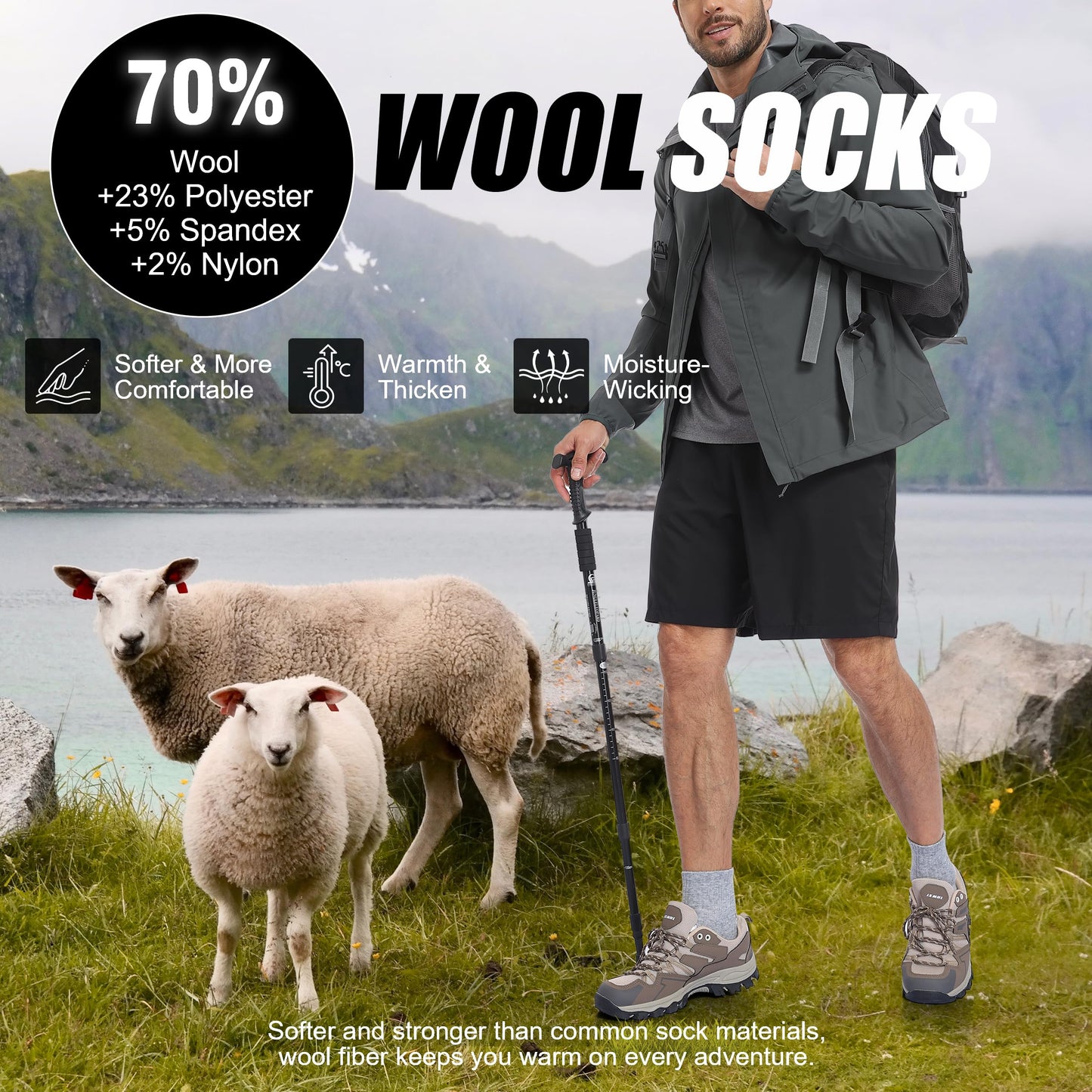 Lapulas Merino Wool Quarter Socks for Men Women, Hiking Running, Cushioned Compression Support, Thermal Thick, 5 Pairs