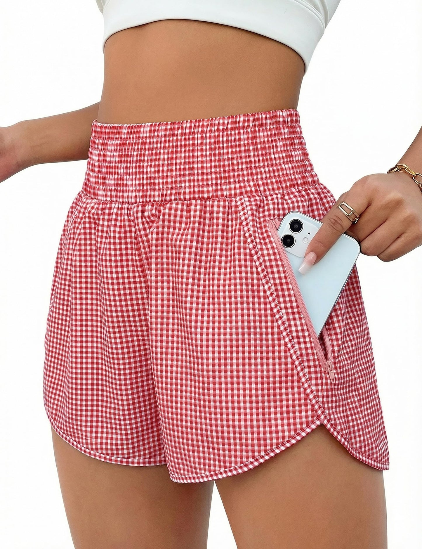 BMJL Women's Athletic Shorts High Waisted Running Short Pocket 2.5" Sporty Shorts Gym Elastic Workout Shorts(M,Red Plaid)