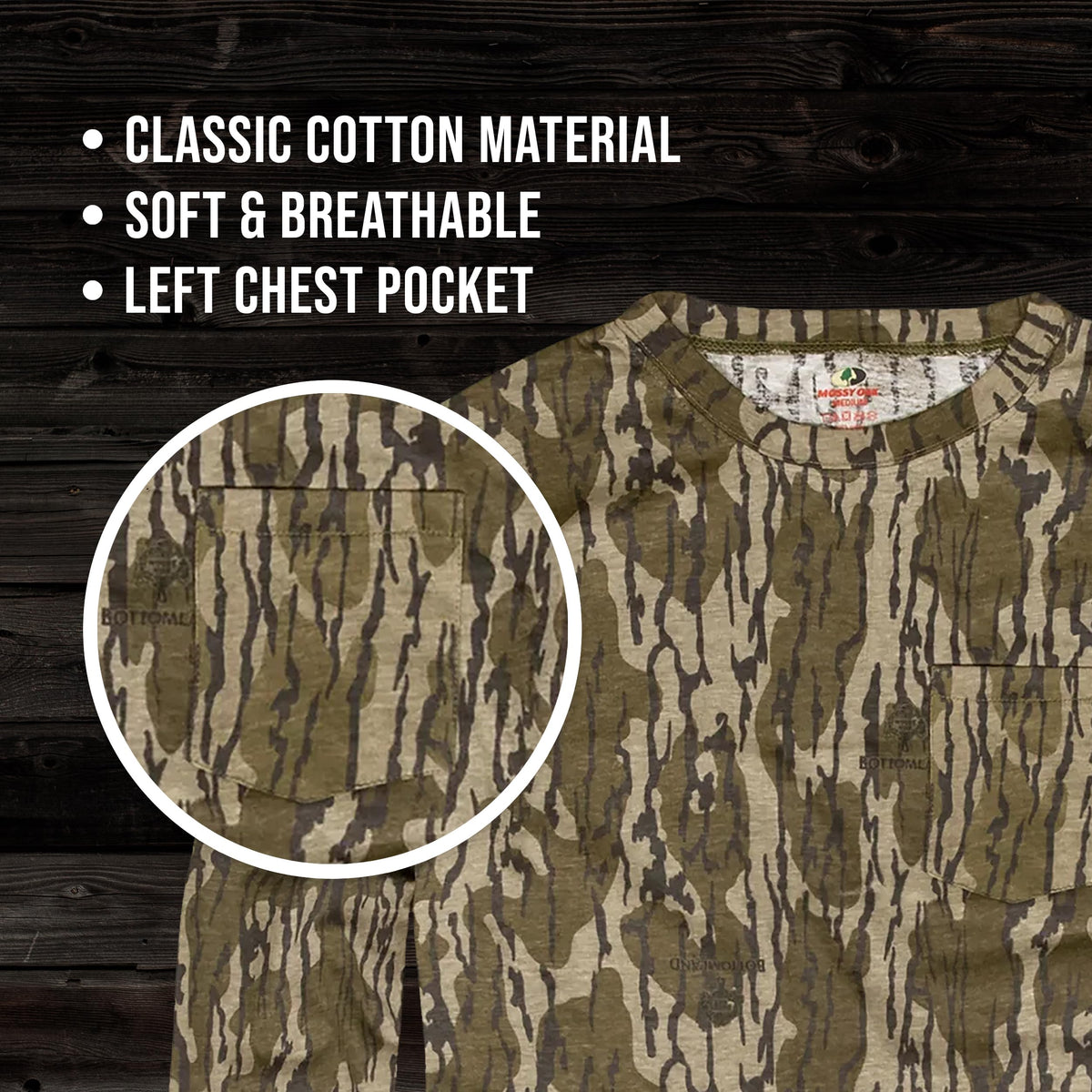 Mossy Oak Youth Long Sleeve Camo Shirt with Pocket | 100% Cotton Crewneck Shirt for Kids | Lightweight & Breathable Hunting Apparel for Boys | Perfect for Hunting, Fishing, Camping & Hiking | Large
