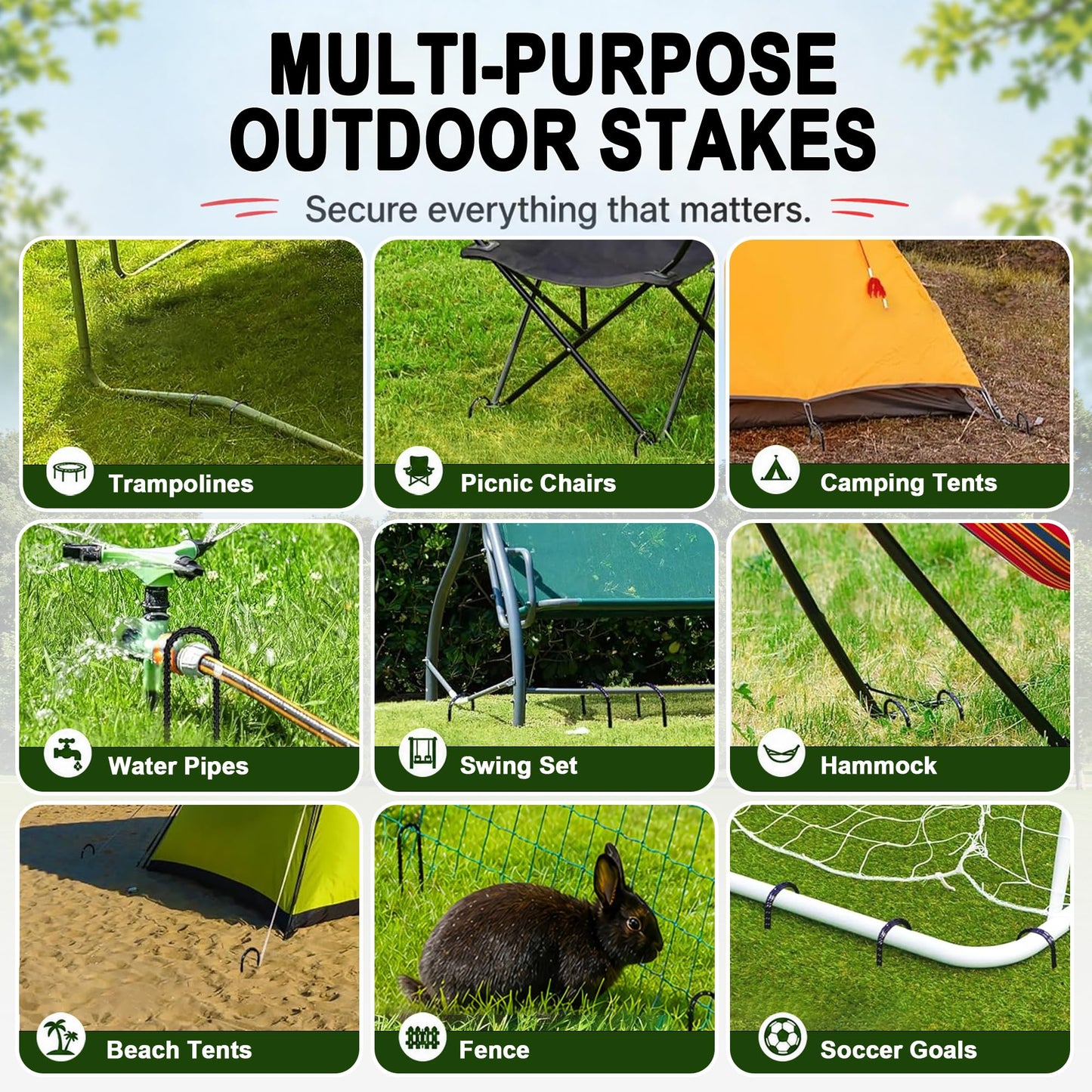 RIY Trampoline Stakes Anchors High Wind 12'' Ground Anchor Heavy Duty Tent Stakes Swing Set Anchors Trampoline Accessories with T Hook - Black 8pcs